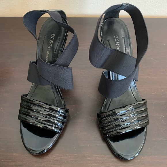BCBGeneration Brandise Black Patent Elastic Heels/Open Toe Sandal - Picture 2 of 6